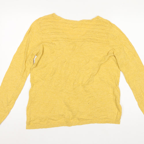 Fat Face Women's Yellow UK 12 V-Neck Open Knit Cotton Jumper