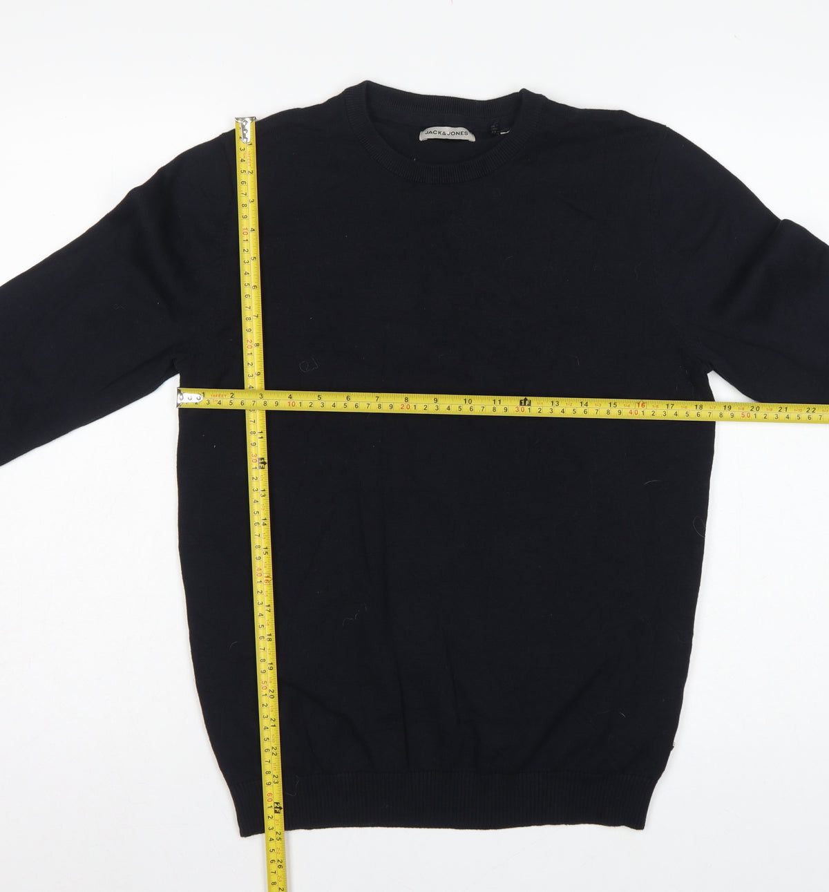 Close-up detail of Jack & Jones Men’s Black, size S, Crew Neck Cotton Knit jumper