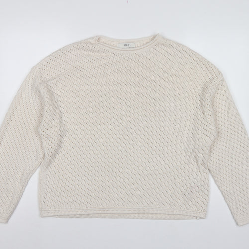 Marks & Spencer Women Ivory L Open Knit Round Neck Pullover Jumper