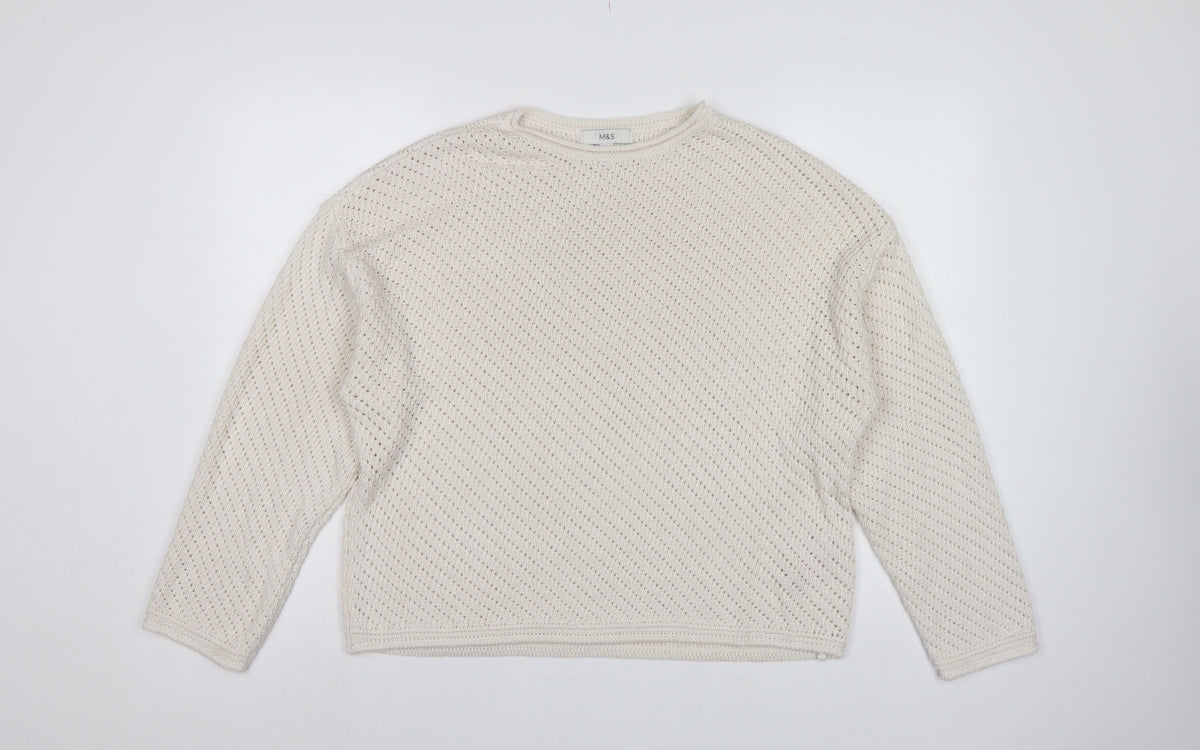 Marks & Spencer Women Ivory L Open Knit Round Neck Pullover Jumper