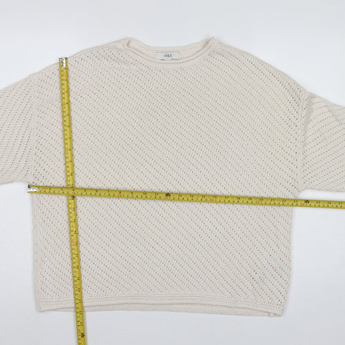 Marks & Spencer Women Ivory L Open Knit Round Neck Pullover Jumper