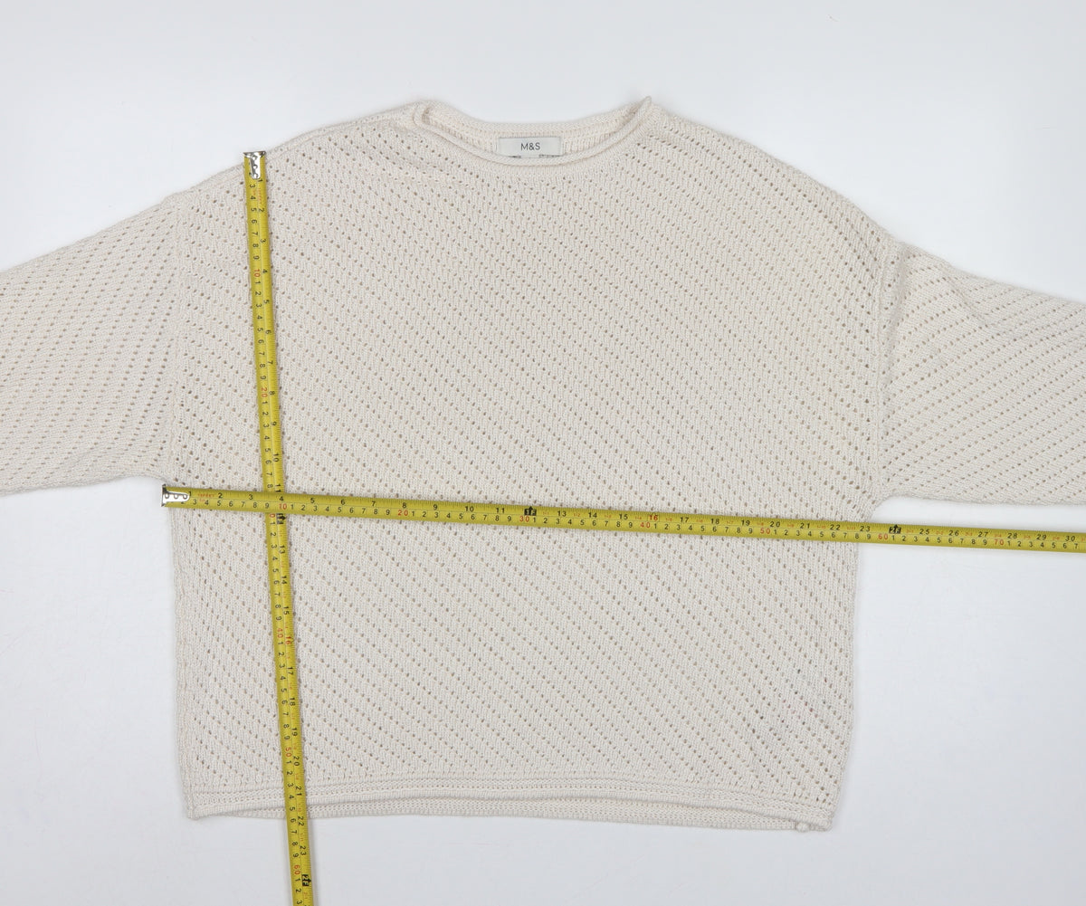 Marks & Spencer Women Ivory L Open Knit Round Neck Pullover Jumper