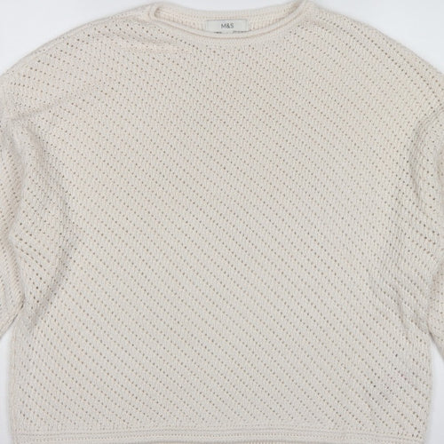 Marks & Spencer Women Ivory L Open Knit Round Neck Pullover Jumper