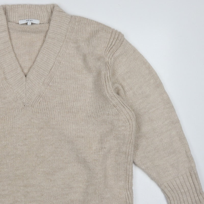 Next Women Beige UK 16 V-Neck Knit Pullover Jumper Long Sleeve
