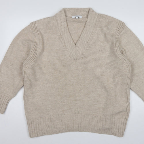 Next Women Beige UK 16 V-Neck Knit Pullover Jumper Long Sleeve