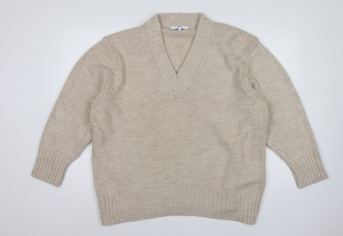 Next Women Beige UK 16 V-Neck Knit Pullover Jumper Long Sleeve