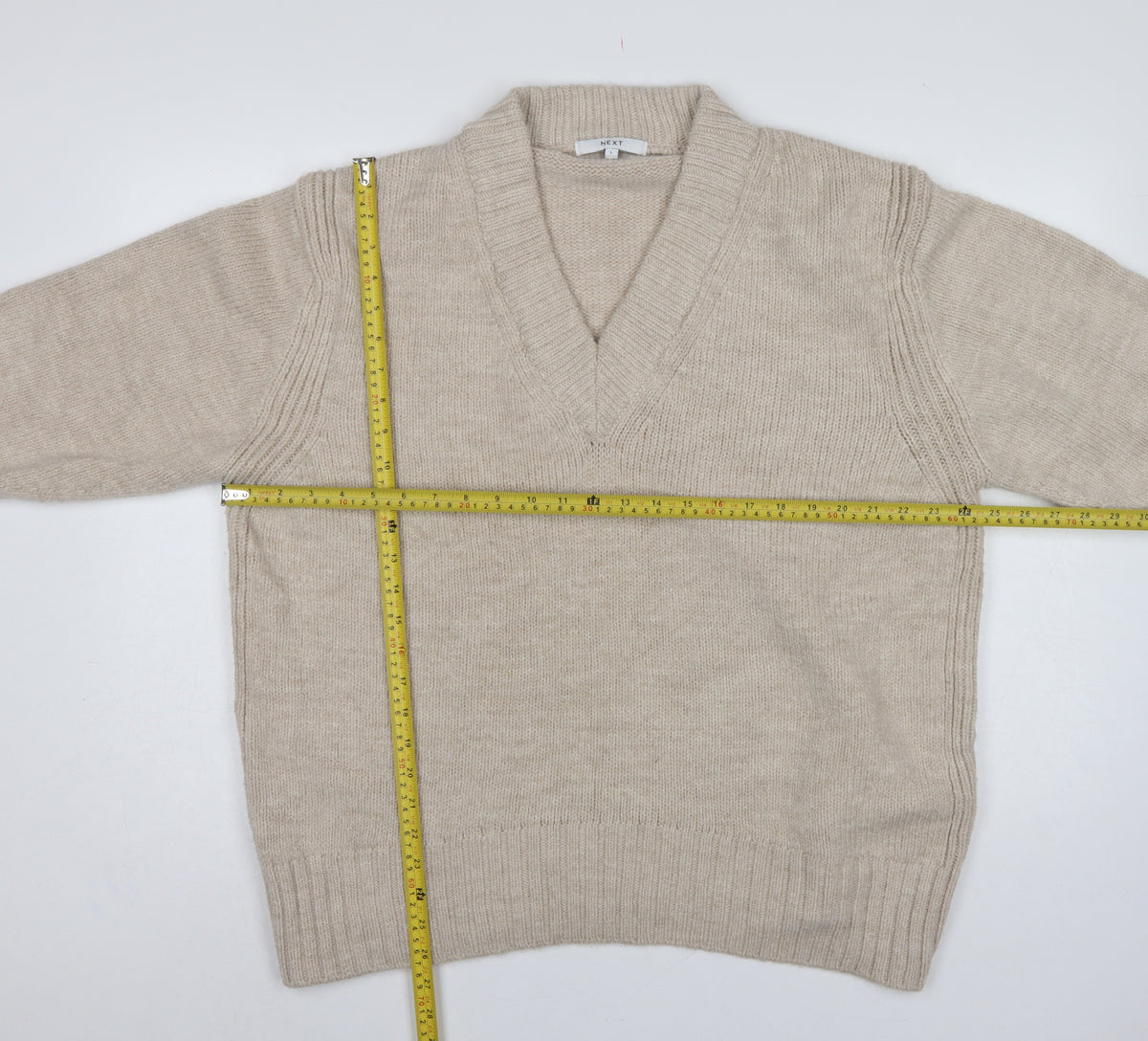 Next Women Beige UK 16 V-Neck Knit Pullover Jumper Long Sleeve