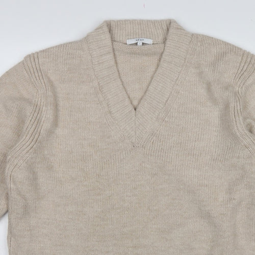 Next Women Beige UK 16 V-Neck Knit Pullover Jumper Long Sleeve