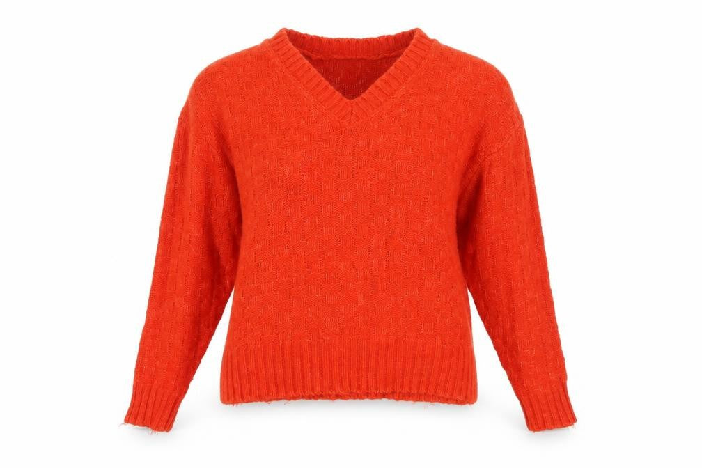 Front view of Marks & Spencer Women's Orange Large V-Neck Geometric Knit Jumper