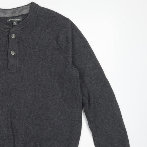 Eddie Bauer Mens Grey M Cotton Henley Knit Jumper Long Sleeve