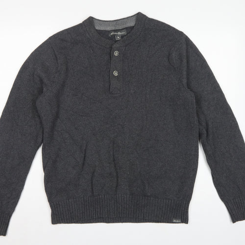 Eddie Bauer Mens Grey M Cotton Henley Knit Jumper Long Sleeve