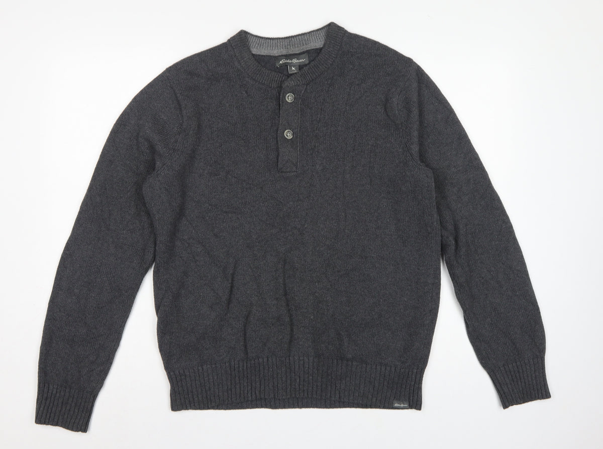 Eddie Bauer Mens Grey M Cotton Henley Knit Jumper Long Sleeve