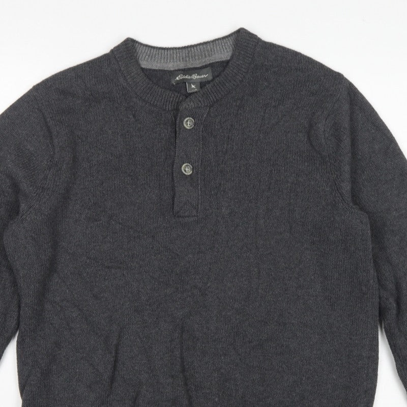 Eddie Bauer Mens Grey M Cotton Henley Knit Jumper Long Sleeve