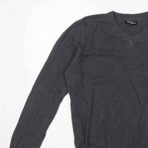 Voi Jeans Men's Grey Cotton V-Neck Logo Pullover Jumper Size M