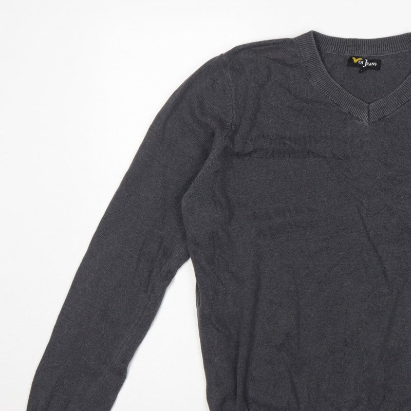 Voi Jeans Men's Grey Cotton V-Neck Logo Pullover Jumper Size M