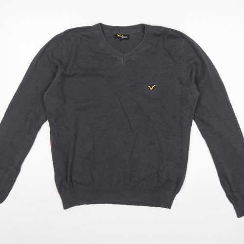 Voi Jeans Men's Grey Cotton V-Neck Logo Pullover Jumper Size M