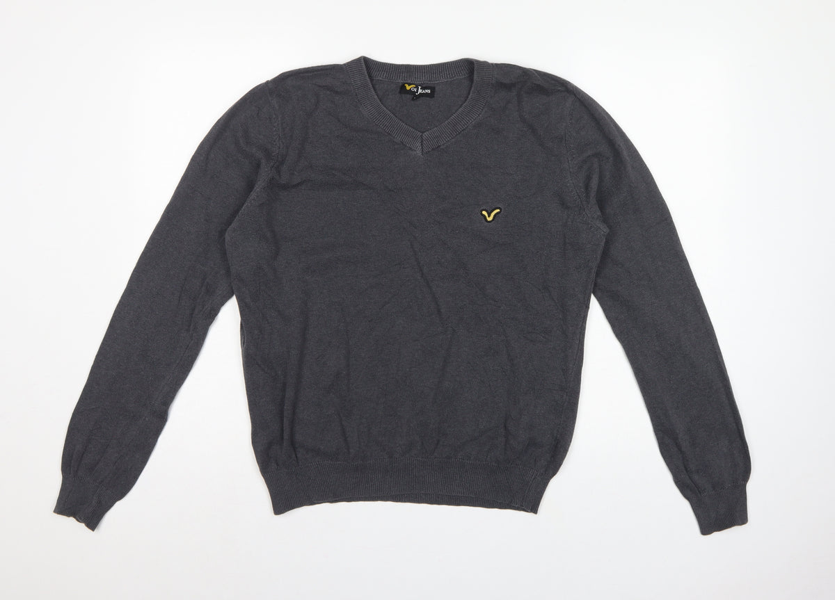 Voi Jeans Men's Grey Cotton V-Neck Logo Pullover Jumper Size M