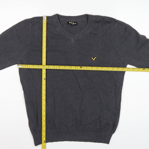 Voi Jeans Men's Grey Cotton V-Neck Logo Pullover Jumper Size M