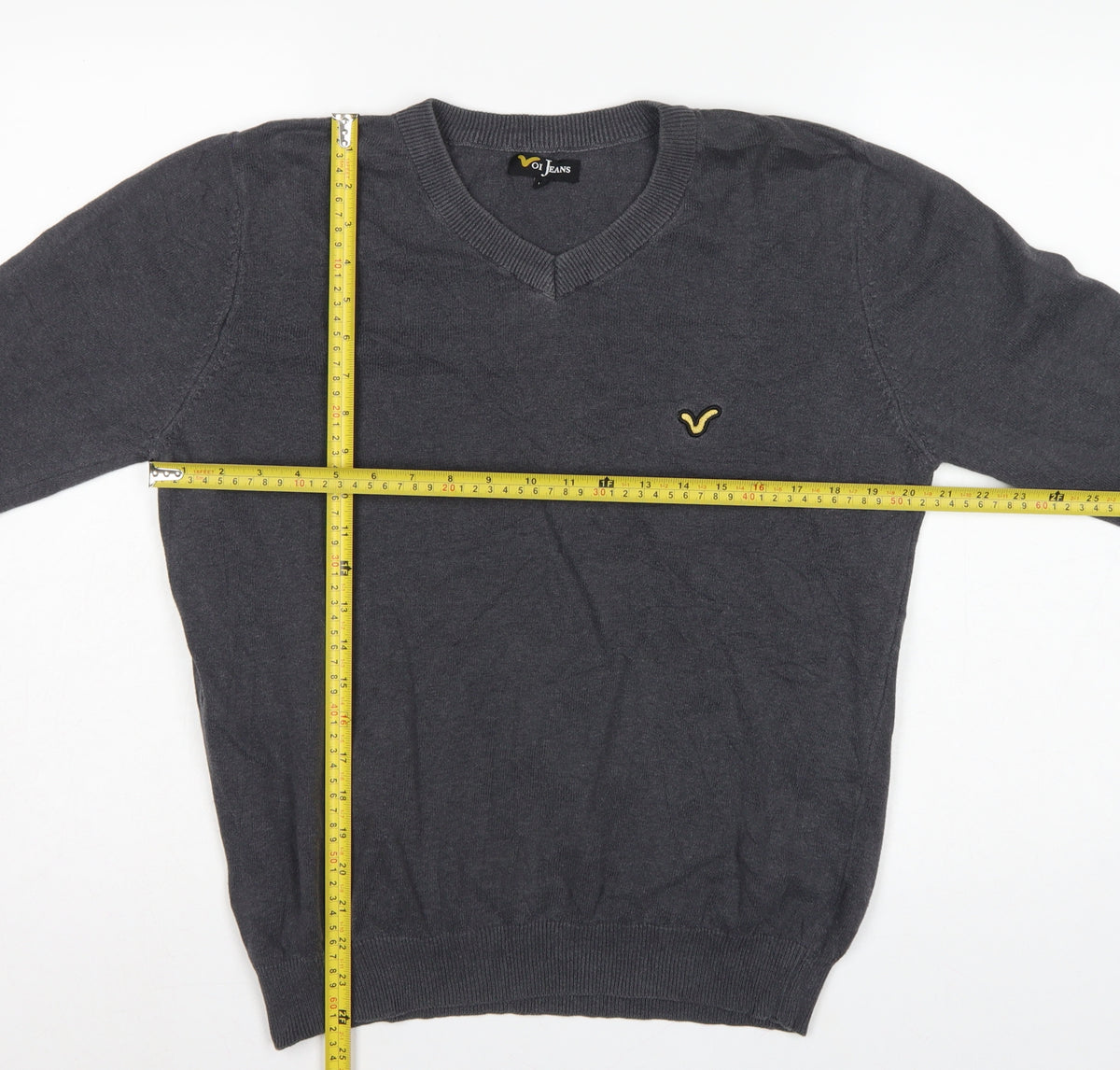 Voi Jeans Men's Grey Cotton V-Neck Logo Pullover Jumper Size M