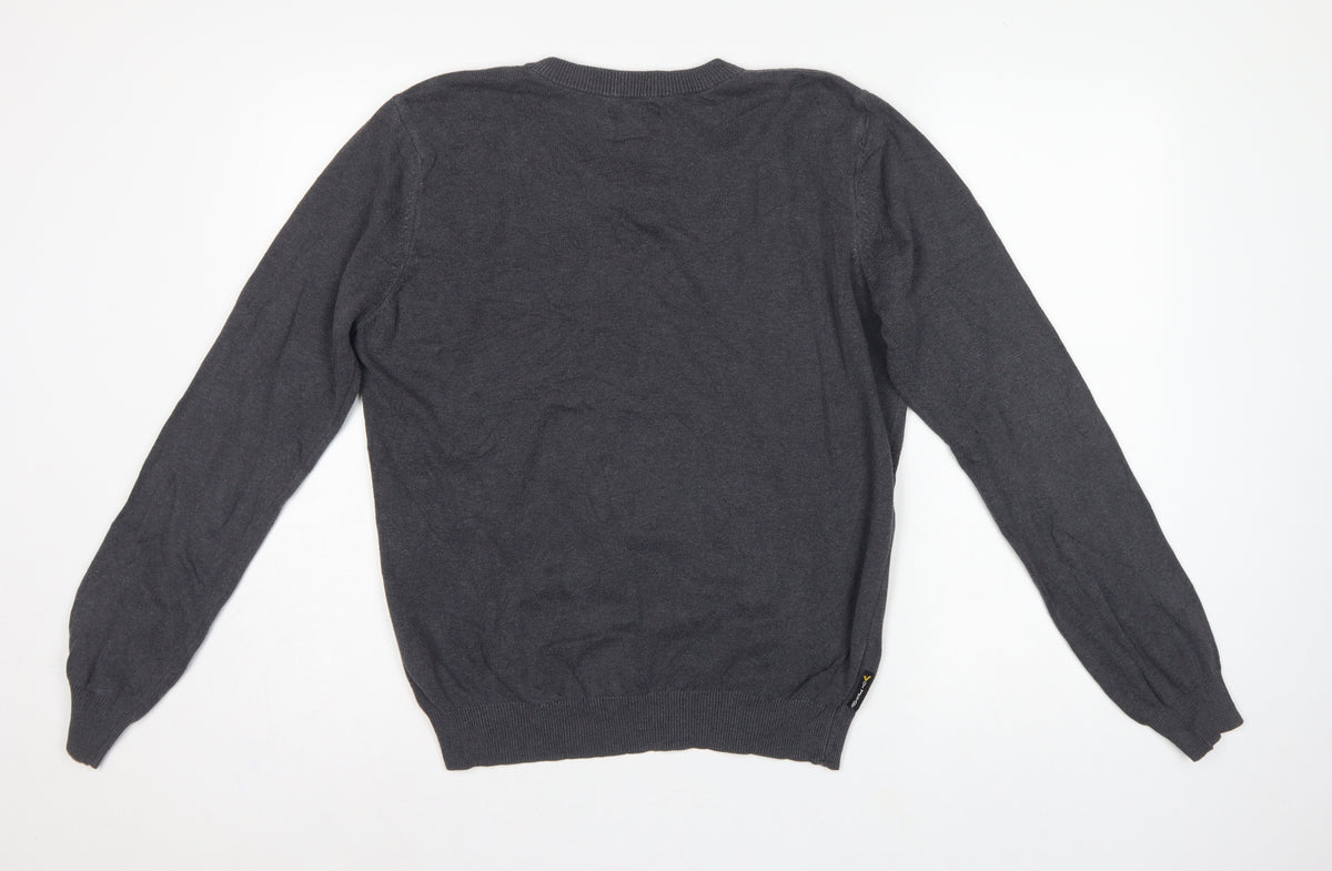 Voi Jeans Men's Grey Cotton V-Neck Logo Pullover Jumper Size M