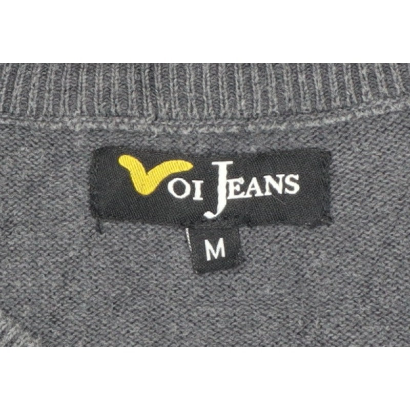 Voi Jeans Men's Grey Cotton V-Neck Logo Pullover Jumper Size M
