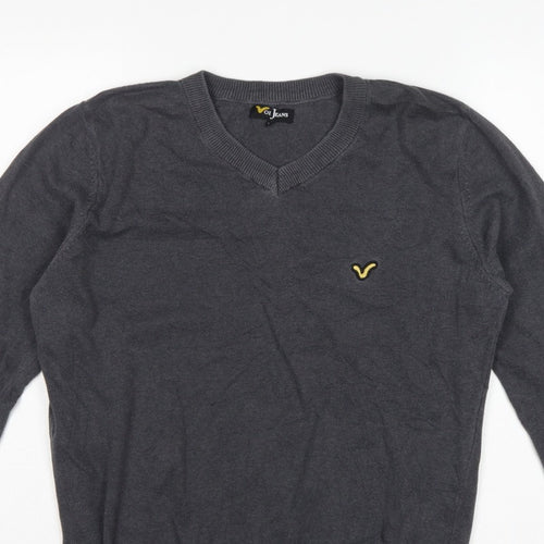 Voi Jeans Men's Grey Cotton V-Neck Logo Pullover Jumper Size M