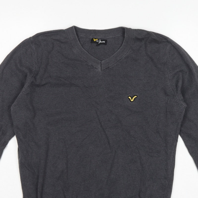 Voi Jeans Men's Grey Cotton V-Neck Logo Pullover Jumper Size M