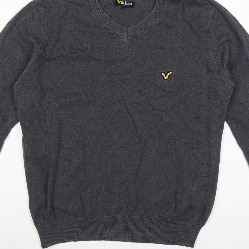 Voi Jeans Men's Grey Cotton V-Neck Logo Pullover Jumper Size M