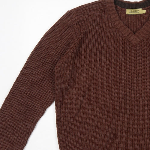 P.G. Field Men’s Brown L V-Neck Chunky Knit Acrylic Pullover Jumper