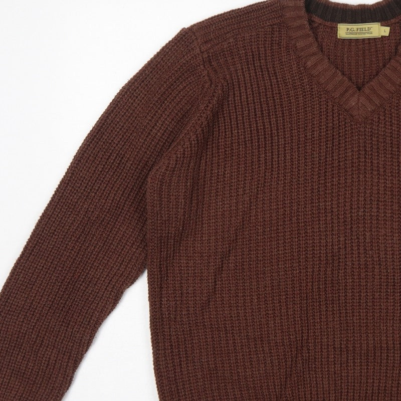 P.G. Field Men’s Brown L V-Neck Chunky Knit Acrylic Pullover Jumper