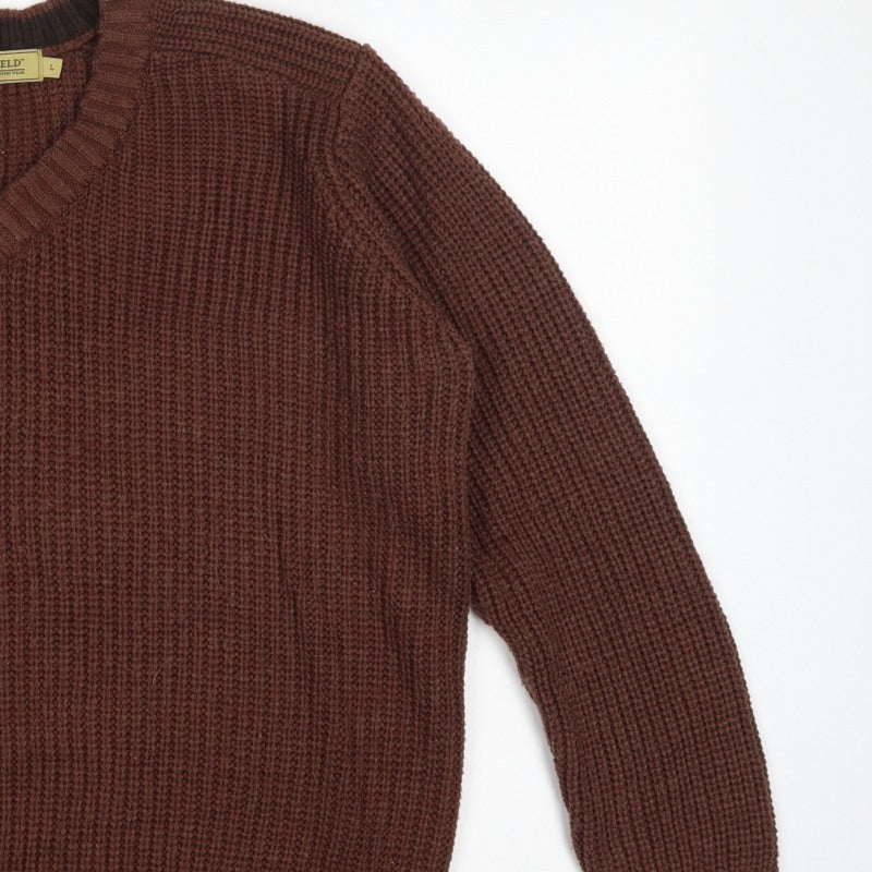 P.G. Field Men’s Brown L V-Neck Chunky Knit Acrylic Pullover Jumper