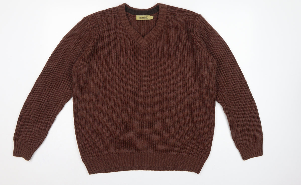 P.G. Field Men’s Brown L V-Neck Chunky Knit Acrylic Pullover Jumper