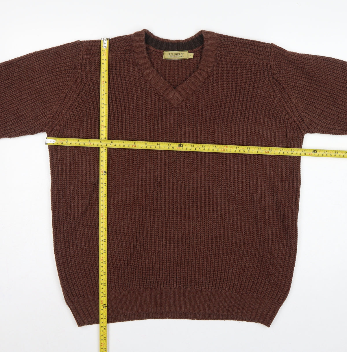 P.G. Field Men’s Brown L V-Neck Chunky Knit Acrylic Pullover Jumper