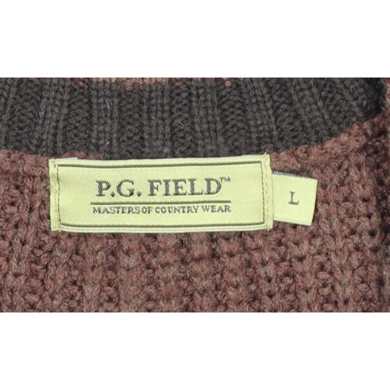 P.G. Field Men’s Brown L V-Neck Chunky Knit Acrylic Pullover Jumper