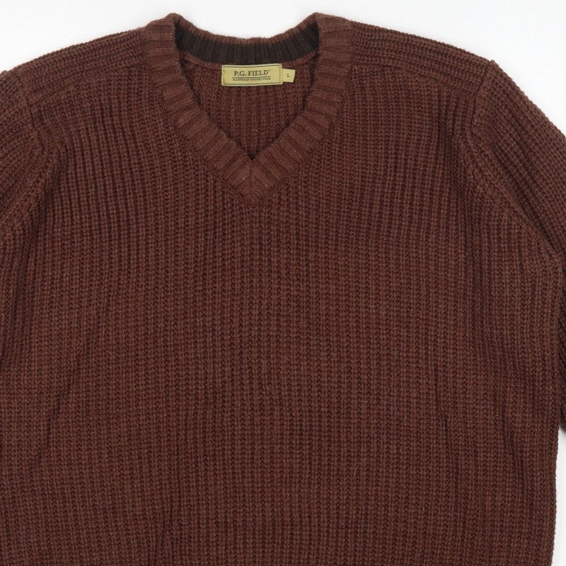 P.G. Field Men’s Brown L V-Neck Chunky Knit Acrylic Pullover Jumper