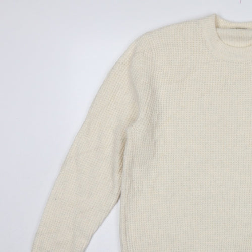 Zara Women Ivory S Waffle Knit Crew Neck Wool Blend Pullover Jumper