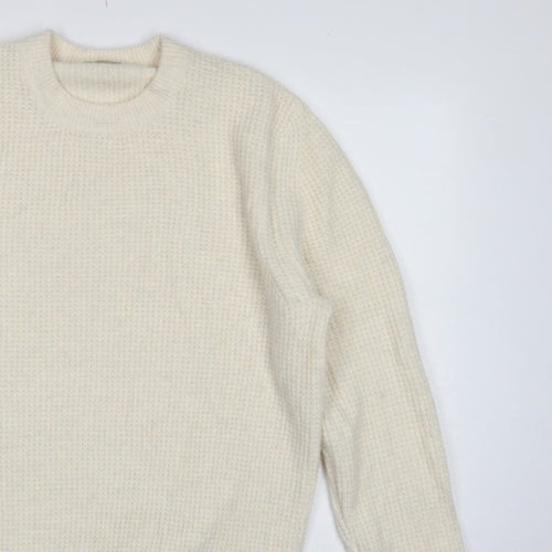 Zara Women Ivory S Waffle Knit Crew Neck Wool Blend Pullover Jumper