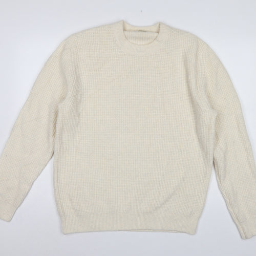 Zara Women Ivory S Waffle Knit Crew Neck Wool Blend Pullover Jumper