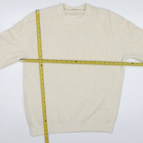 Zara Women Ivory S Waffle Knit Crew Neck Wool Blend Pullover Jumper