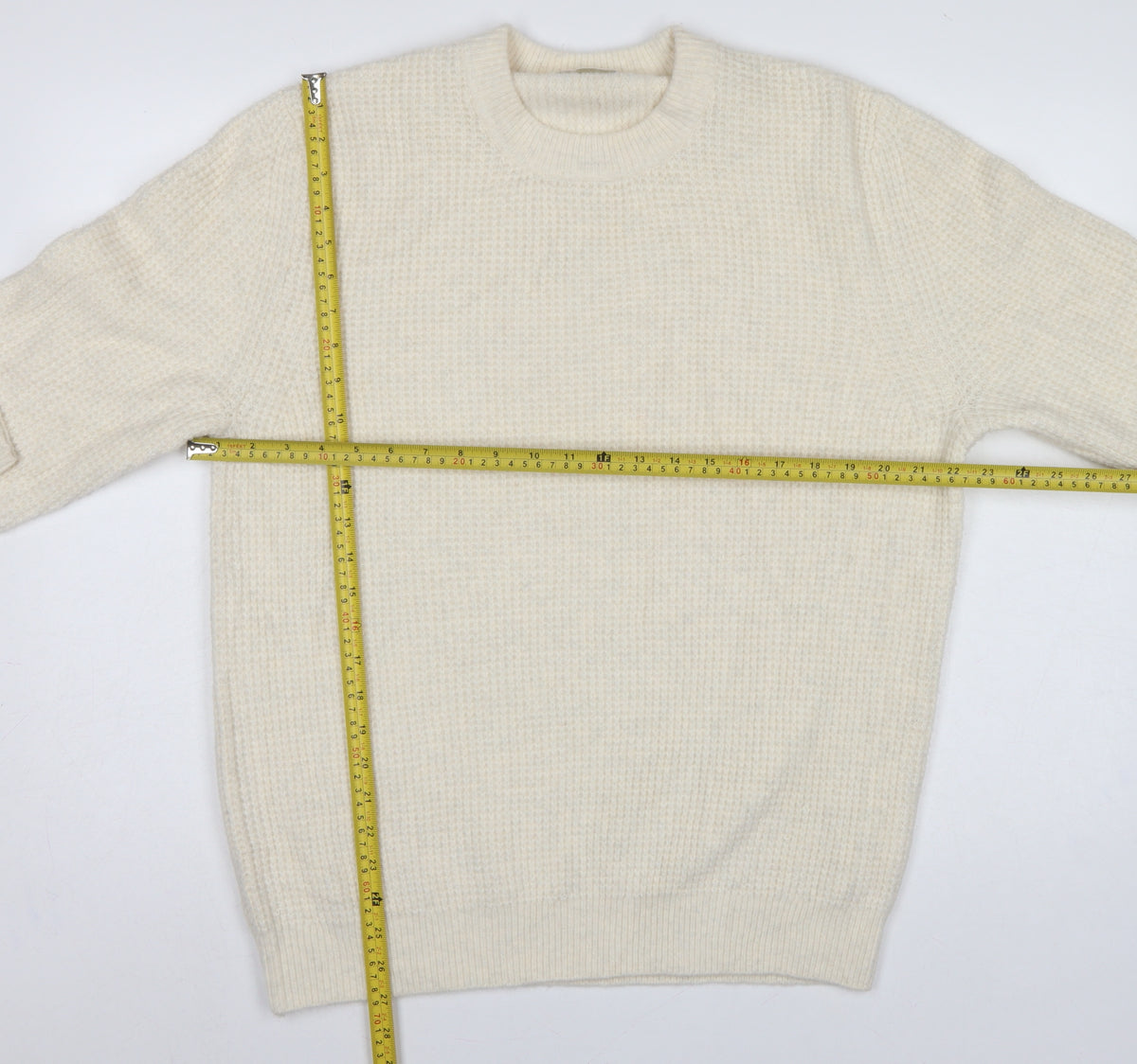 Zara Women Ivory S Waffle Knit Crew Neck Wool Blend Pullover Jumper