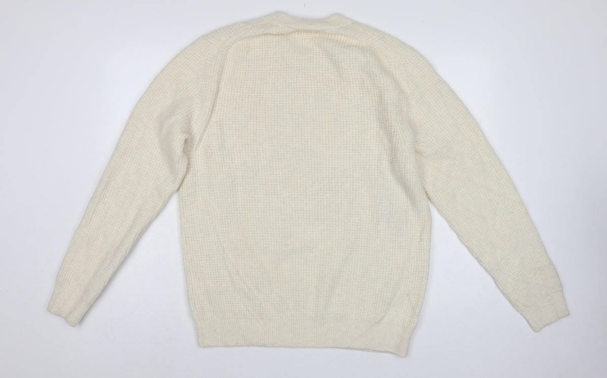 Zara Women Ivory S Waffle Knit Crew Neck Wool Blend Pullover Jumper