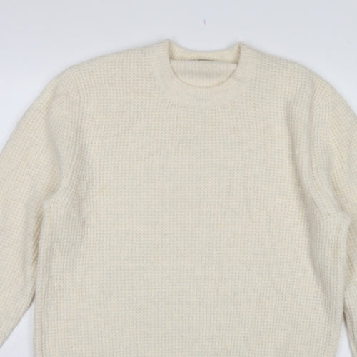 Zara Women Ivory S Waffle Knit Crew Neck Wool Blend Pullover Jumper