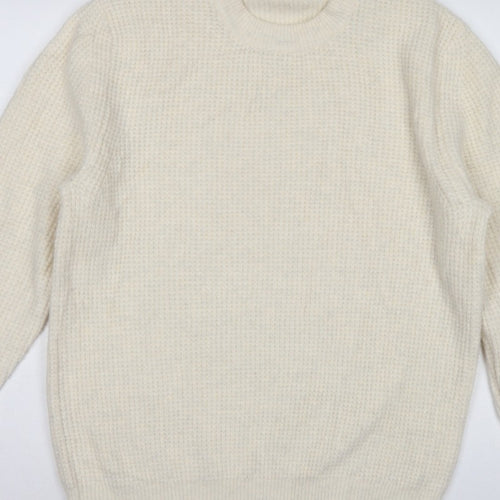 Zara Women Ivory S Waffle Knit Crew Neck Wool Blend Pullover Jumper