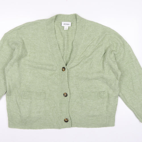 Monki Women Green XS V-Neck Button Knit Cardigan Pockets