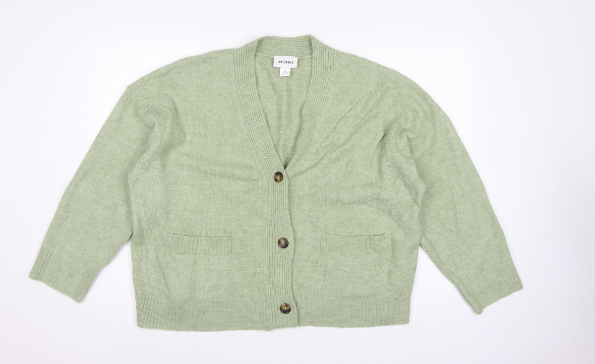 Monki Women Green XS V-Neck Button Knit Cardigan Pockets