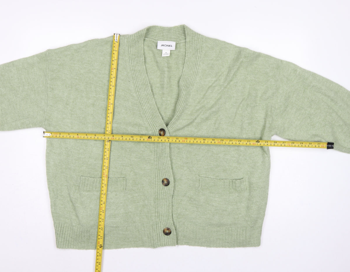 Monki Women Green XS V-Neck Button Knit Cardigan Pockets