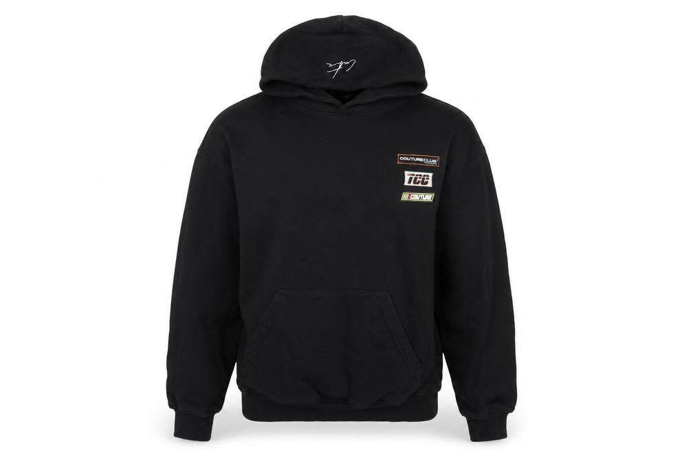 Front view of Couture Women’s Black XS Pullover Hoodie Embroidered Logo Pockets