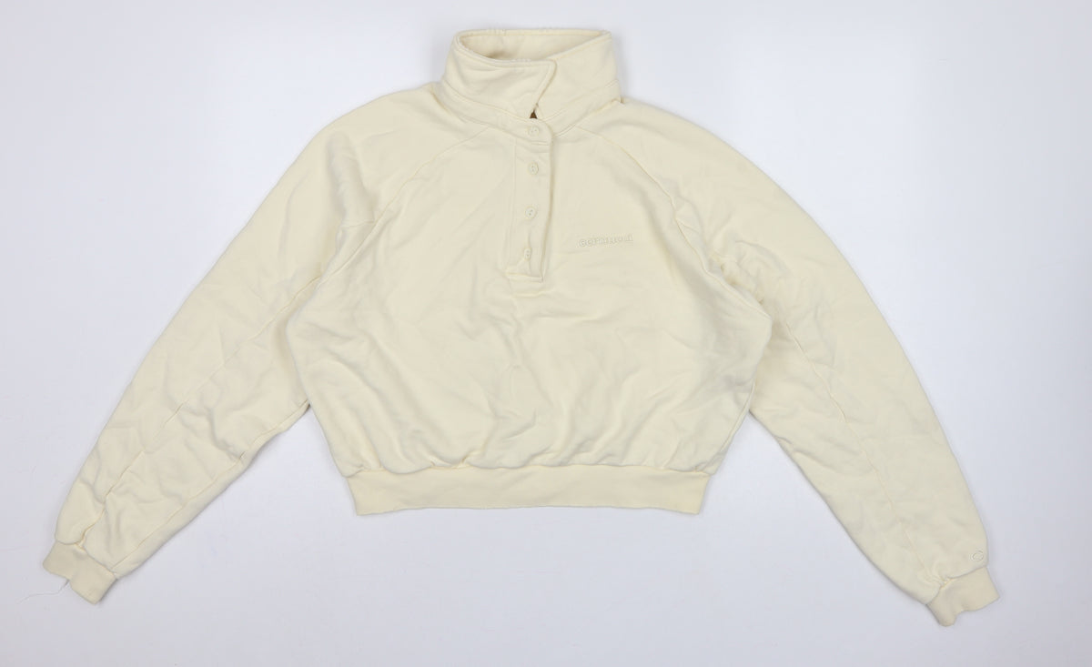 Back view of Cernucci Women’s Ivory XS Henley Logo Sweatshirt High Neck
