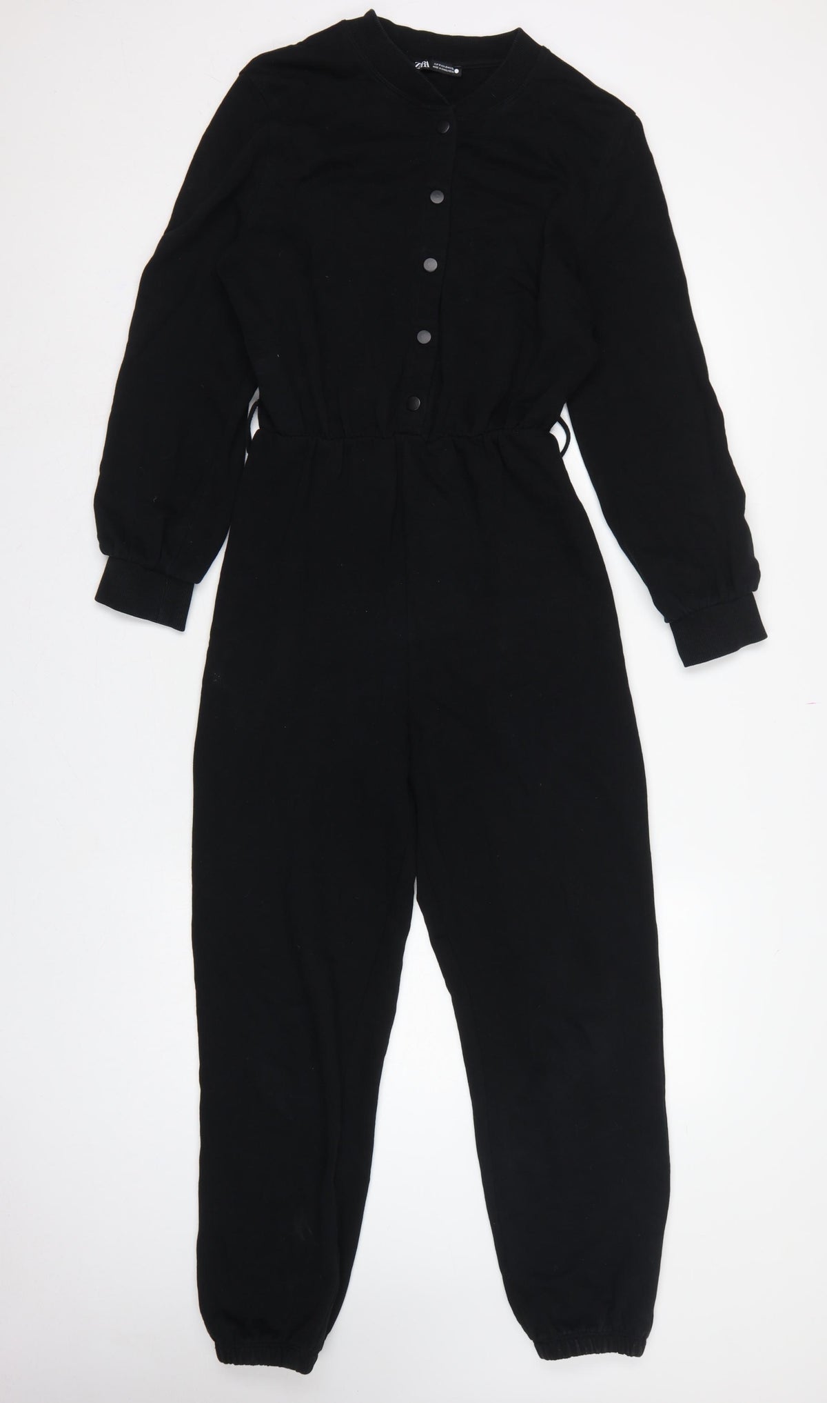 Back view of Zara Women Black, size S, Button Front Drawstring Jersey Jumpsuit