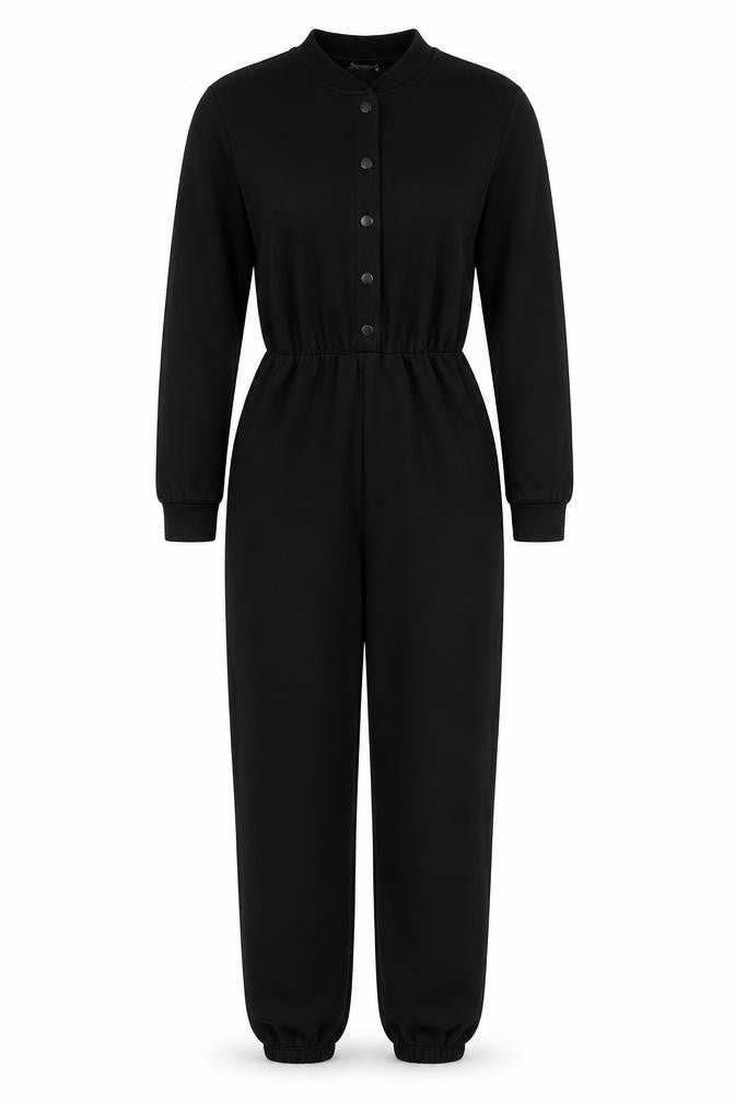 Front view of Zara Women Black, size S, Button Front Drawstring Jersey Jumpsuit